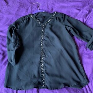 Black Embellished V-Neck Women's Top